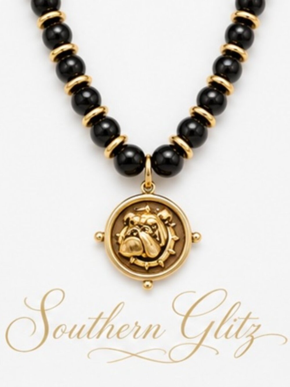 Black & Gold Bulldog Necklace, Beaded Bulldog Pendant Necklace, Game Day Jewelry